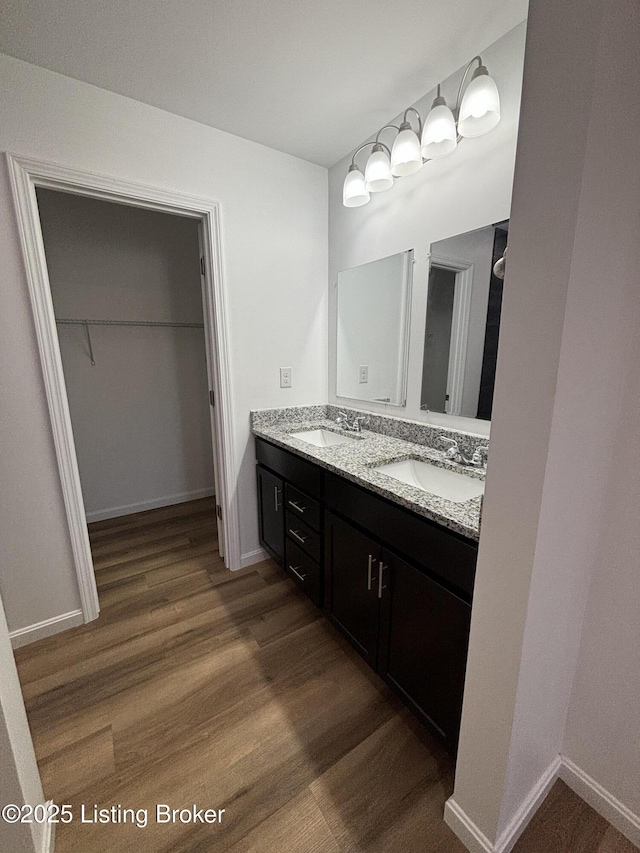 full bathroom with double vanity, wood finished floors, a spacious closet, and a sink