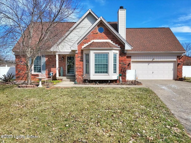 craftsman-style house featuring brick siding, a chimney, concrete driveway, a garage, and a front lawn