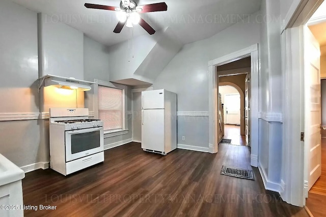 kitchen with dark wood-style flooring, visible vents, a ceiling fan, white appliances, and under cabinet range hood