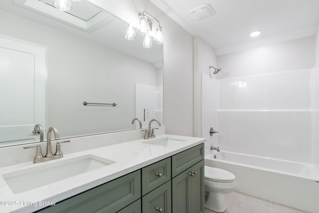 3314 Catalpa Farms Dr, Fisherville, KY 40023 - bathroom featuring toilet, double vanity, tile patterned floors, and shower / tub combination