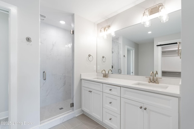 3314 Catalpa Farms Dr, Fisherville, KY 40023 - full bathroom with a marble finish shower, double vanity, and recessed lighting