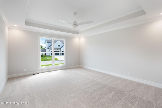 3314 Catalpa Farms Dr, Fisherville, KY 40023 - unfurnished room with a raised ceiling, ornamental molding, ceiling fan, light colored carpet, and baseboards