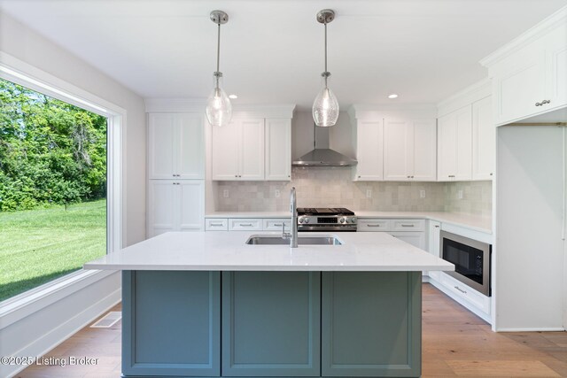 3314 Catalpa Farms Dr, Fisherville, KY 40023 - kitchen featuring wall chimney exhaust hood, built in microwave, a sink, light countertops, and backsplash