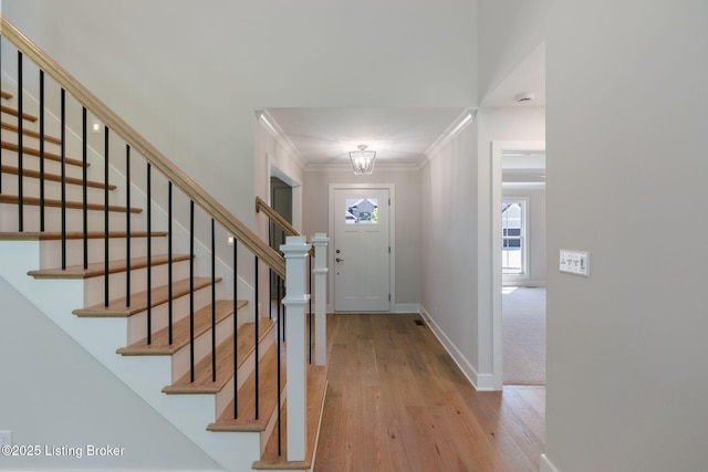 3314 Catalpa Farms Dr, Fisherville, KY 40023 - entryway with ornamental molding, hardwood / wood-style flooring, stairway, and baseboards