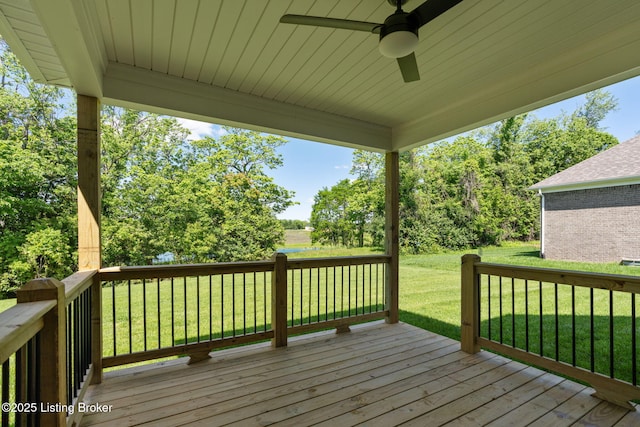 3314 Catalpa Farms Dr, Fisherville, KY 40023 - wooden terrace with a ceiling fan and a lawn