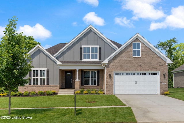 3314 Catalpa Farms Dr, Fisherville, KY 40023 - craftsman inspired home featuring board and batten siding, concrete driveway, brick siding, a front lawn, and a garage