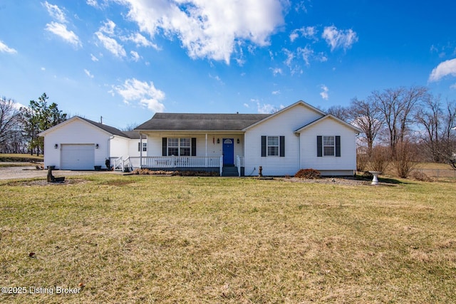 ranch-style home with covered porch and a front lawn