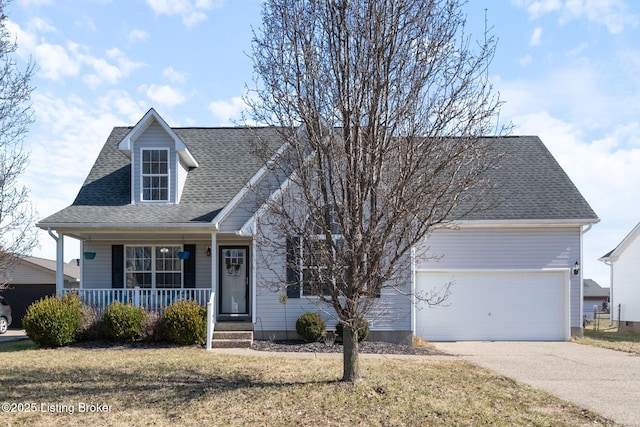 cape cod house featuring roof with shingles, a porch, a garage, driveway, and a front lawn