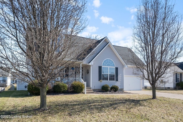 view of front facade with covered porch, concrete driveway, a front lawn, and a shingled roof