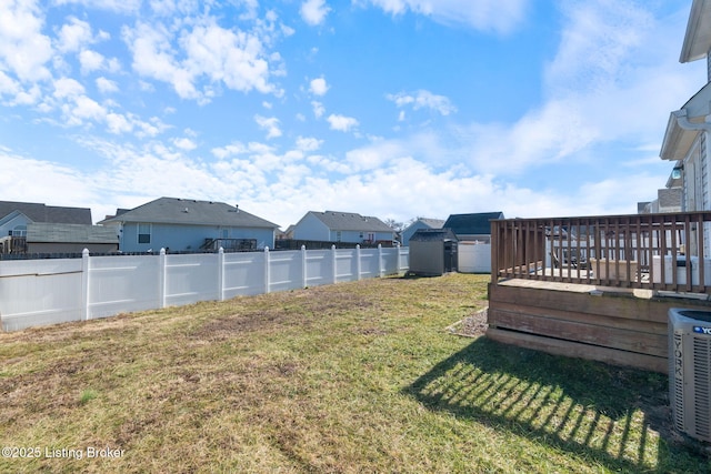 view of yard with a deck, central AC unit, a fenced backyard, and a residential view