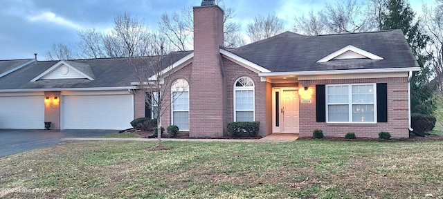 view of front facade with a garage, brick siding, a chimney, aphalt driveway, and a front yard