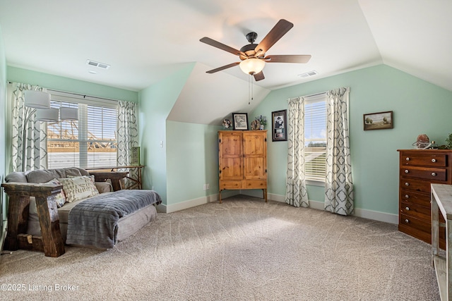 sitting room featuring carpet, visible vents, vaulted ceiling, and baseboards