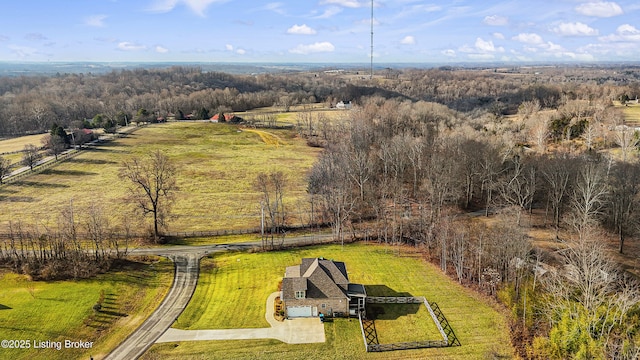 bird's eye view featuring a forest view and a rural view