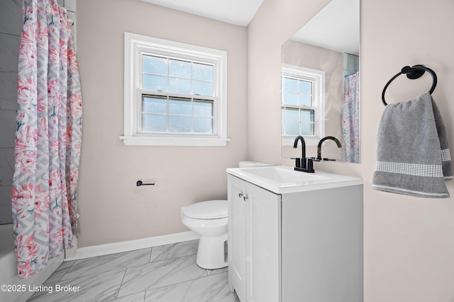 full bathroom with baseboards, toilet, marble finish floor, shower / bath combination with curtain, and vanity