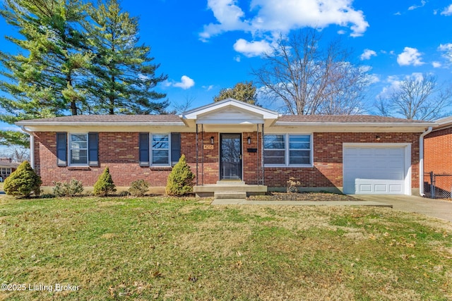 single story home with a garage, driveway, brick siding, and a front yard