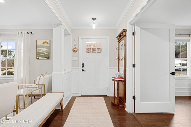 entrance foyer featuring dark wood-type flooring, wainscoting, and crown molding