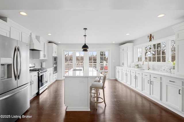 kitchen featuring stainless steel appliances, premium range hood, a sink, and light countertops