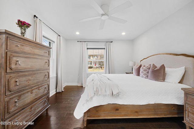 bedroom featuring recessed lighting, dark wood-style flooring, ceiling fan, and baseboards