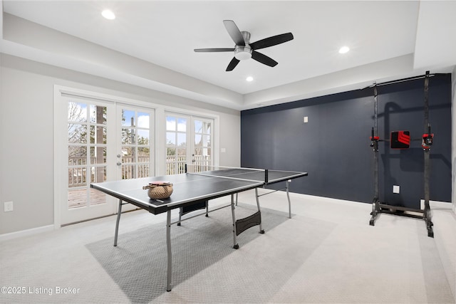 game room with french doors, recessed lighting, light carpet, ceiling fan, and baseboards