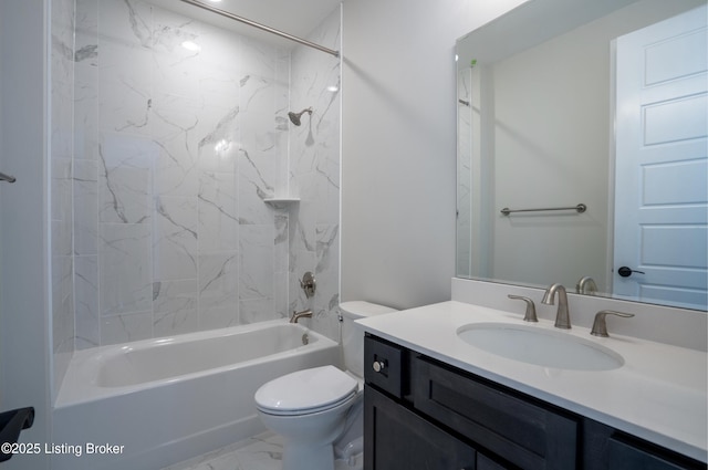 bathroom featuring marble finish floor, vanity, toilet, and shower / bathtub combination