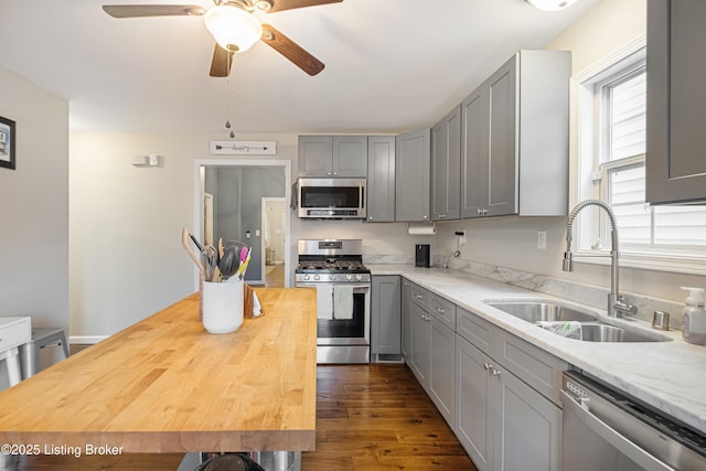 kitchen with butcher block counters, gray cabinets, stainless steel appliances, and a sink