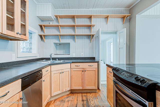 kitchen featuring range with electric stovetop, a sink, dishwasher, open shelves, and dark countertops