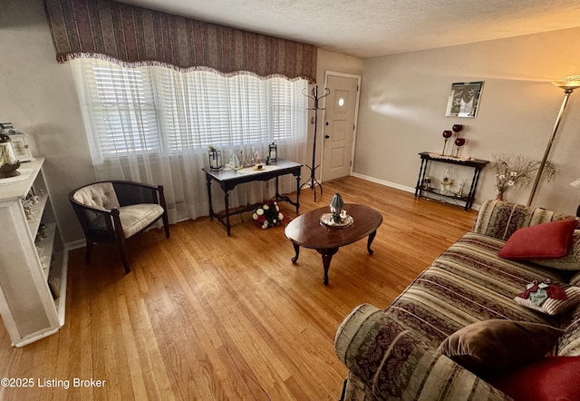 living area featuring a textured ceiling, light wood finished floors, and baseboards