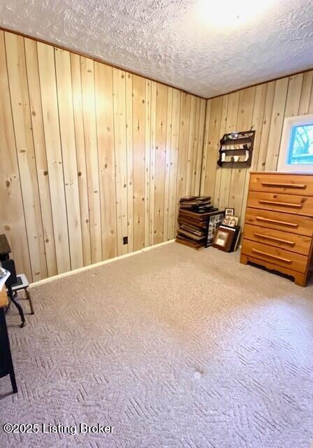 unfurnished room featuring a textured ceiling, carpet flooring, and wooden walls