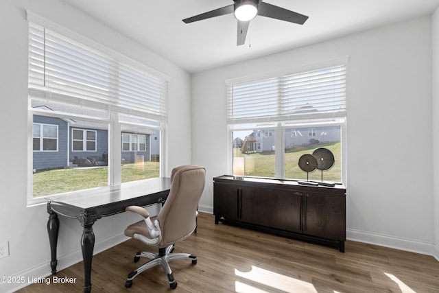 office with ceiling fan, plenty of natural light, wood finished floors, and baseboards