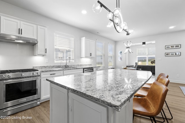 kitchen featuring appliances with stainless steel finishes, light wood-style floors, a kitchen island, and a sink