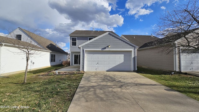 view of front of house with driveway, a garage, and a front lawn