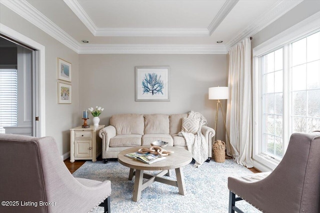 living area with a raised ceiling, crown molding, and wood finished floors