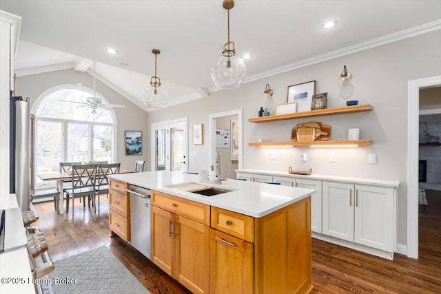 kitchen featuring dishwasher, a sink, dark wood finished floors, and lofted ceiling