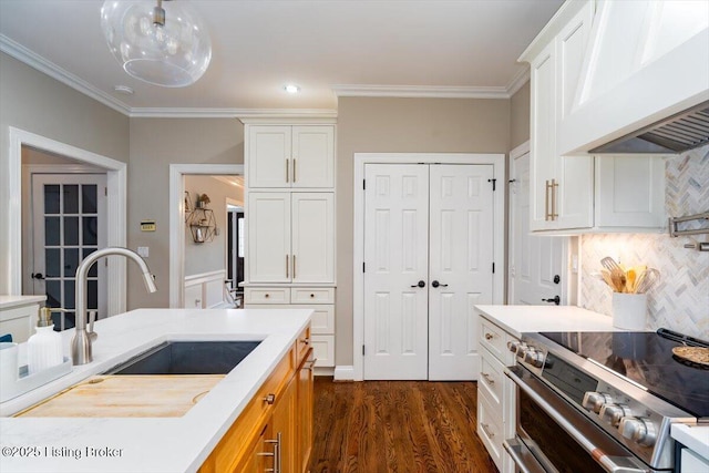 kitchen featuring dark wood-style floors, custom exhaust hood, crown molding, double oven range, and a sink