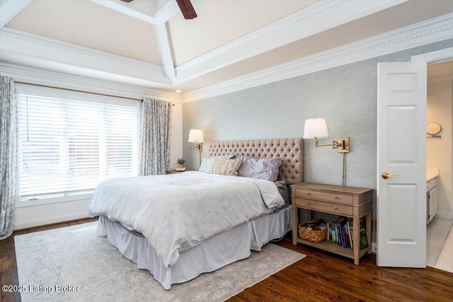 bedroom featuring wallpapered walls, baseboards, ceiling fan, ornamental molding, and wood finished floors