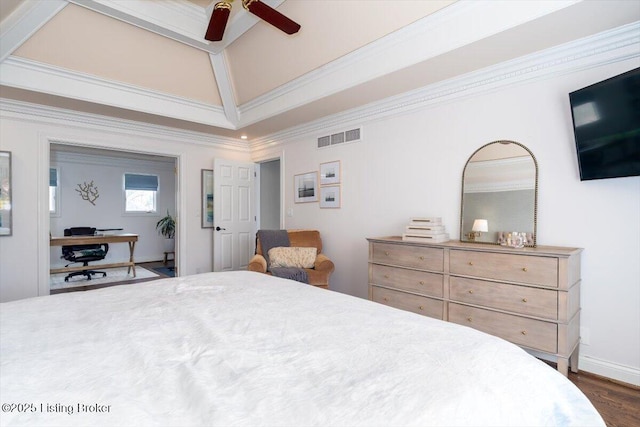 bedroom with crown molding, visible vents, dark wood-type flooring, a ceiling fan, and baseboards