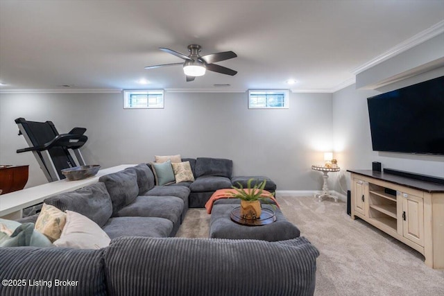 living room with light colored carpet, crown molding, baseboards, and ceiling fan