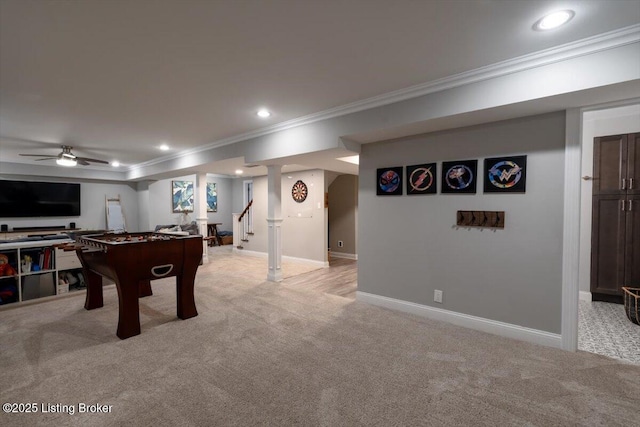 rec room with ornamental molding, recessed lighting, light carpet, and baseboards