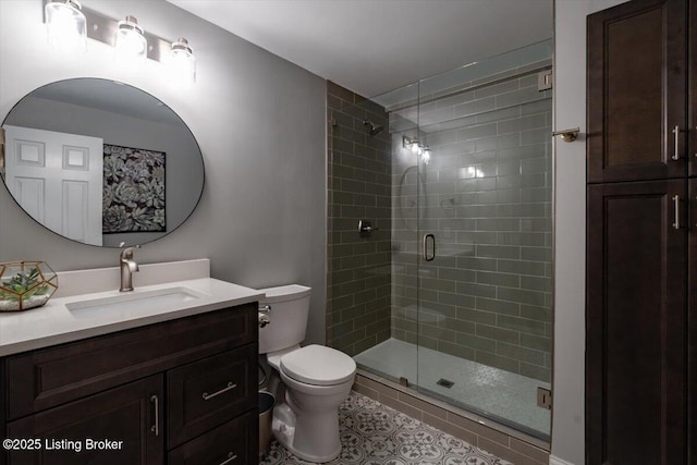 bathroom featuring tile patterned flooring, a shower stall, toilet, and vanity