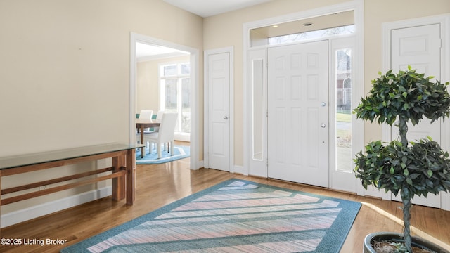 entryway featuring baseboards and wood finished floors