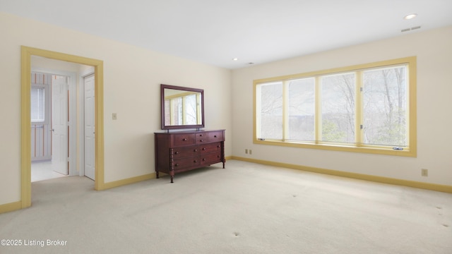 bedroom featuring recessed lighting, carpet flooring, visible vents, and baseboards