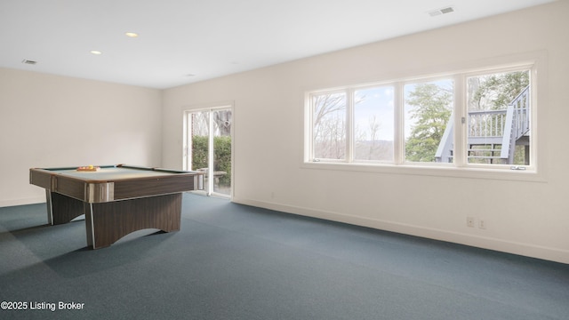 unfurnished office featuring recessed lighting, pool table, visible vents, baseboards, and dark colored carpet