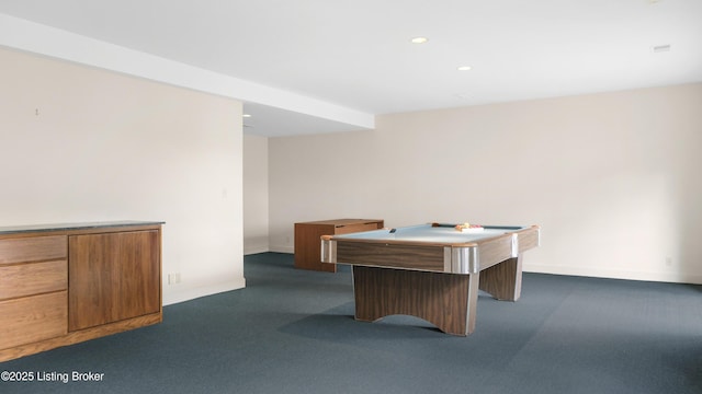 playroom featuring baseboards, dark colored carpet, pool table, and recessed lighting