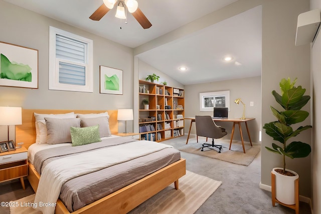 bedroom with vaulted ceiling, carpet floors, ceiling fan, and baseboards