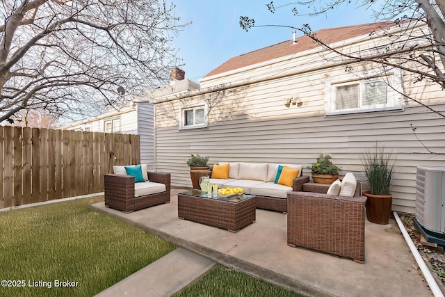 view of patio with central AC unit, fence, and outdoor lounge area