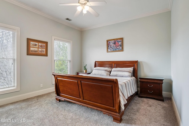 bedroom featuring light carpet, crown molding, visible vents, and baseboards