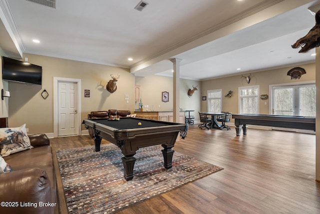 playroom featuring visible vents, ornamental molding, wood finished floors, pool table, and ornate columns