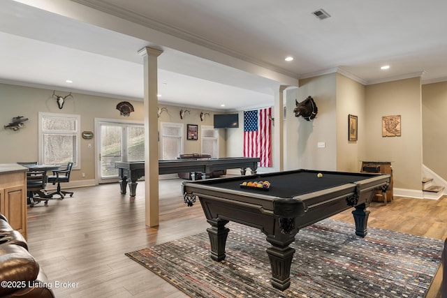 playroom featuring light wood finished floors, pool table, and ornamental molding