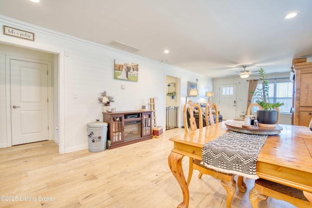 8105 Cedar Crest Ln, Louisville, KY 40291 - dining room with ornamental molding, recessed lighting, light wood-style flooring, ceiling fan, and baseboards