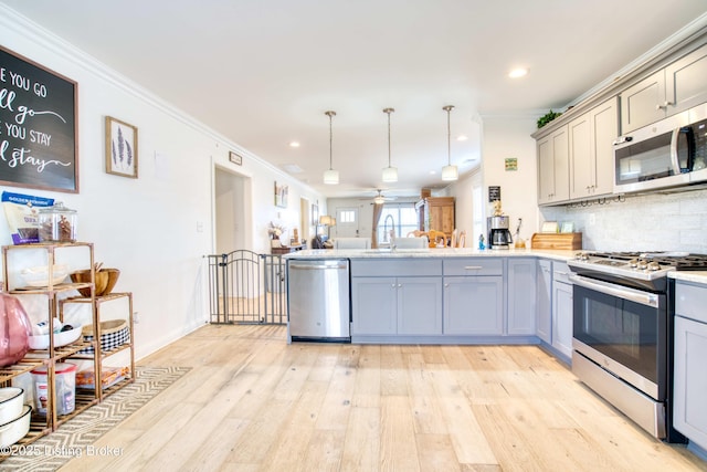 8105 Cedar Crest Ln, Louisville, KY 40291 - kitchen with appliances with stainless steel finishes, gray cabinets, a sink, a peninsula, and ornamental molding
